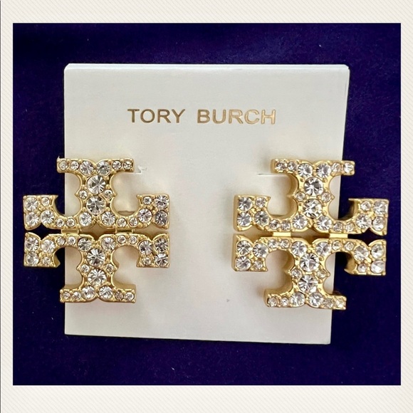 Tory Burch Authentic Kira Crystal Pave Tory Logo Gold Bold Stud Earrings - Picture 8 of 13